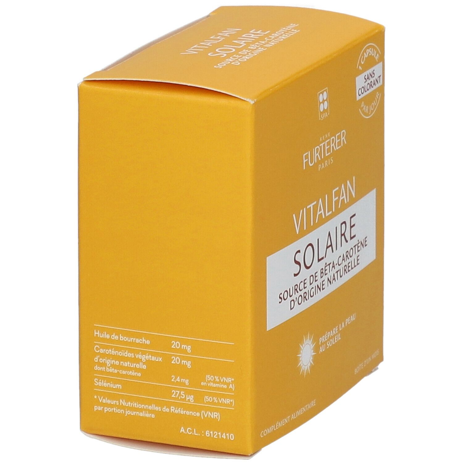 Boîte jaune, vue latérale. Texte: VITALFAN Solaire, source de bêta-carotène. Informations nutritionnelles: huiles, caroténoïdes, sélénium.