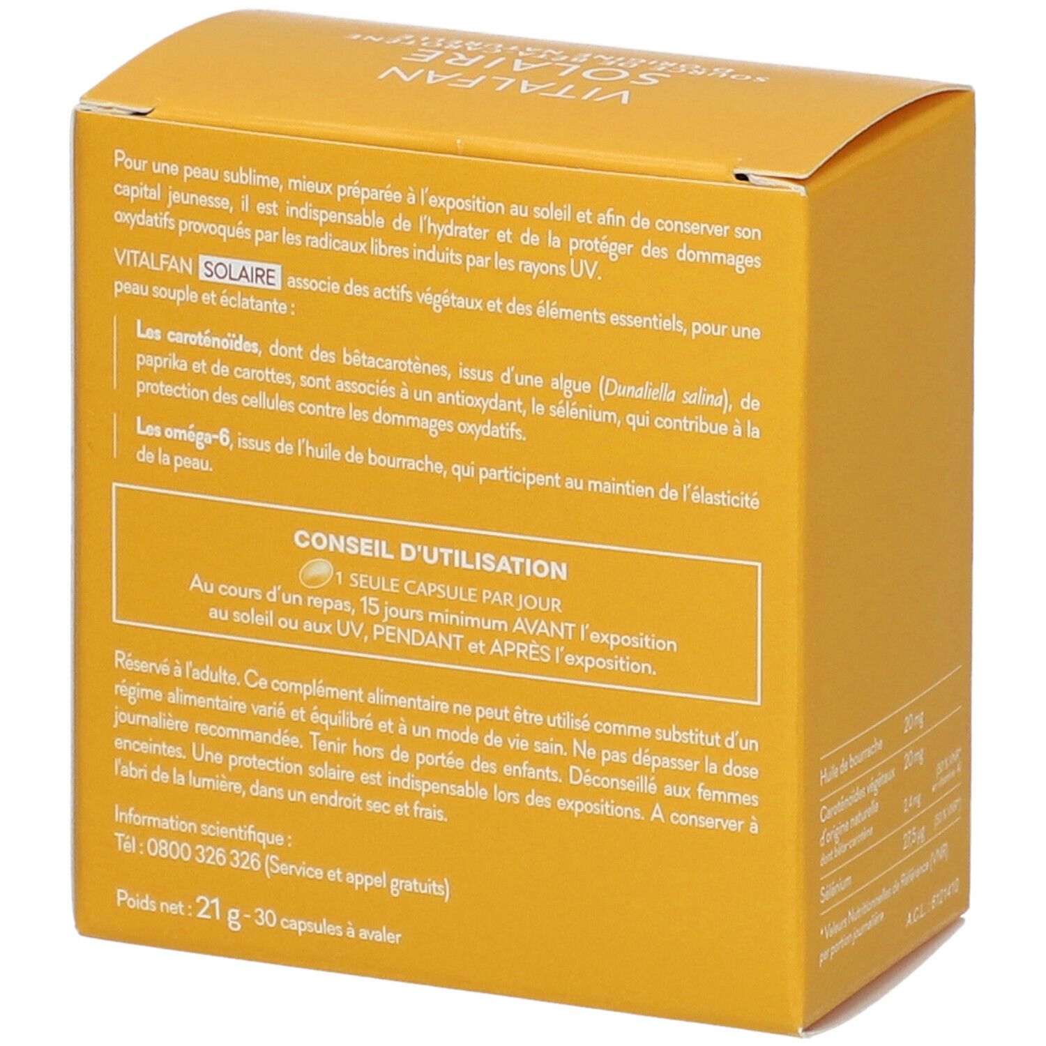 Boîte jaune, dos. Texte: VITALFAN Solaire. Conseils d'utilisation: 1 capsule par jour. Ingrédients et avertissements.