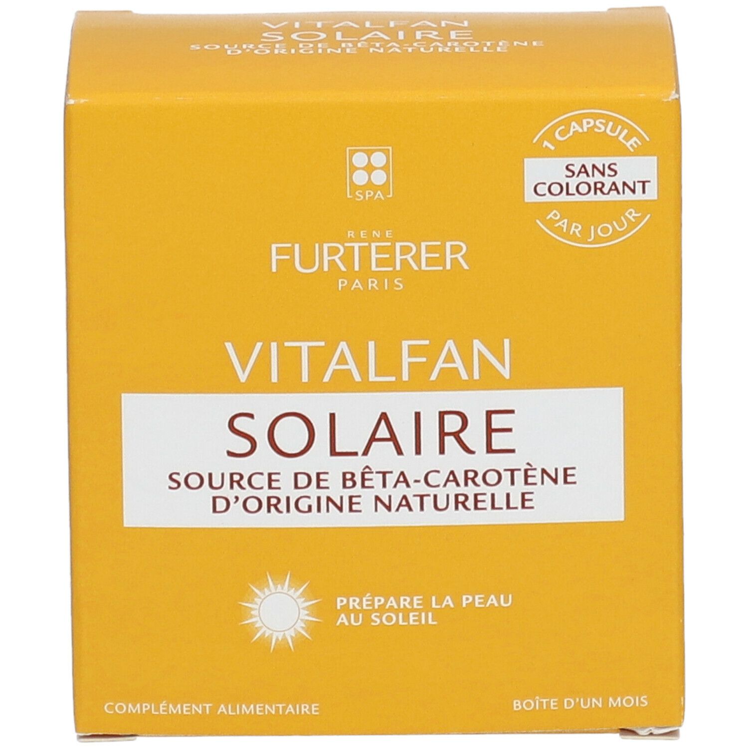 Boîte jaune avec nom et logo du produit. Texte: VITALFAN Solaire, source de bêta-carotène. 1 capsule par jour.