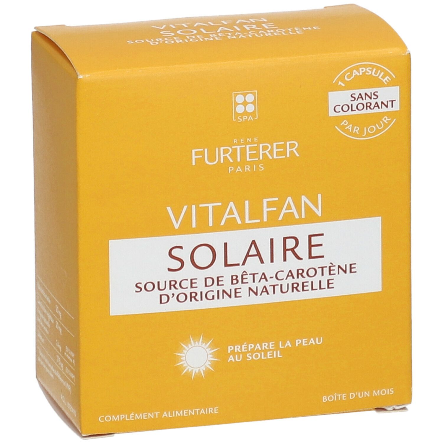 Boîte jaune avec nom et logo du produit. Texte: VITALFAN Solaire, source de bêta-carotène. 1 capsule par jour.