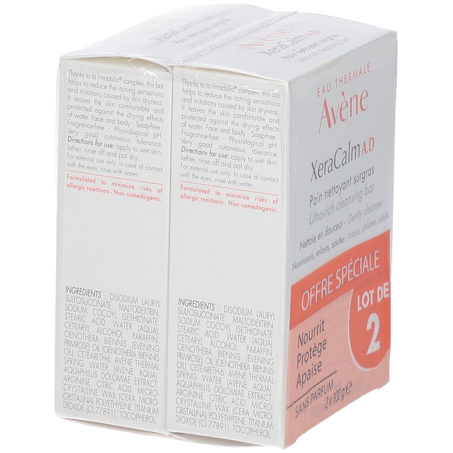 Rückseite der Verpackung mit zwei Seifenstücken. Inhaltsstoffe und Anwendungshinweise. Marke: Avène. Text in Französisch und Englisch.
