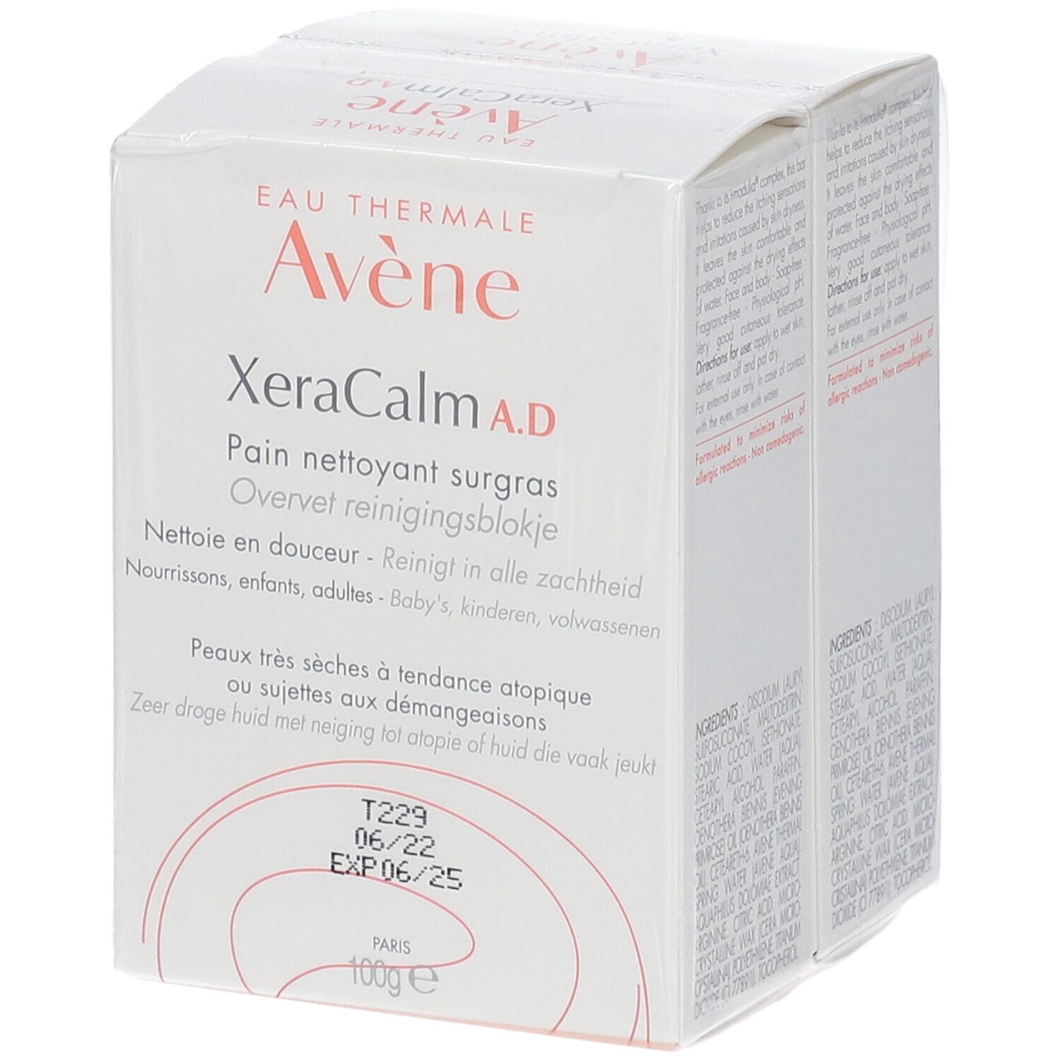 Verpackung mit einem Seifenstück. Aufschrift: Eau Thermale Avène XeraCalm A.D. Pain nettoyant surgras. Haltbarkeitsdatum: 06/22 EXP 06/25.