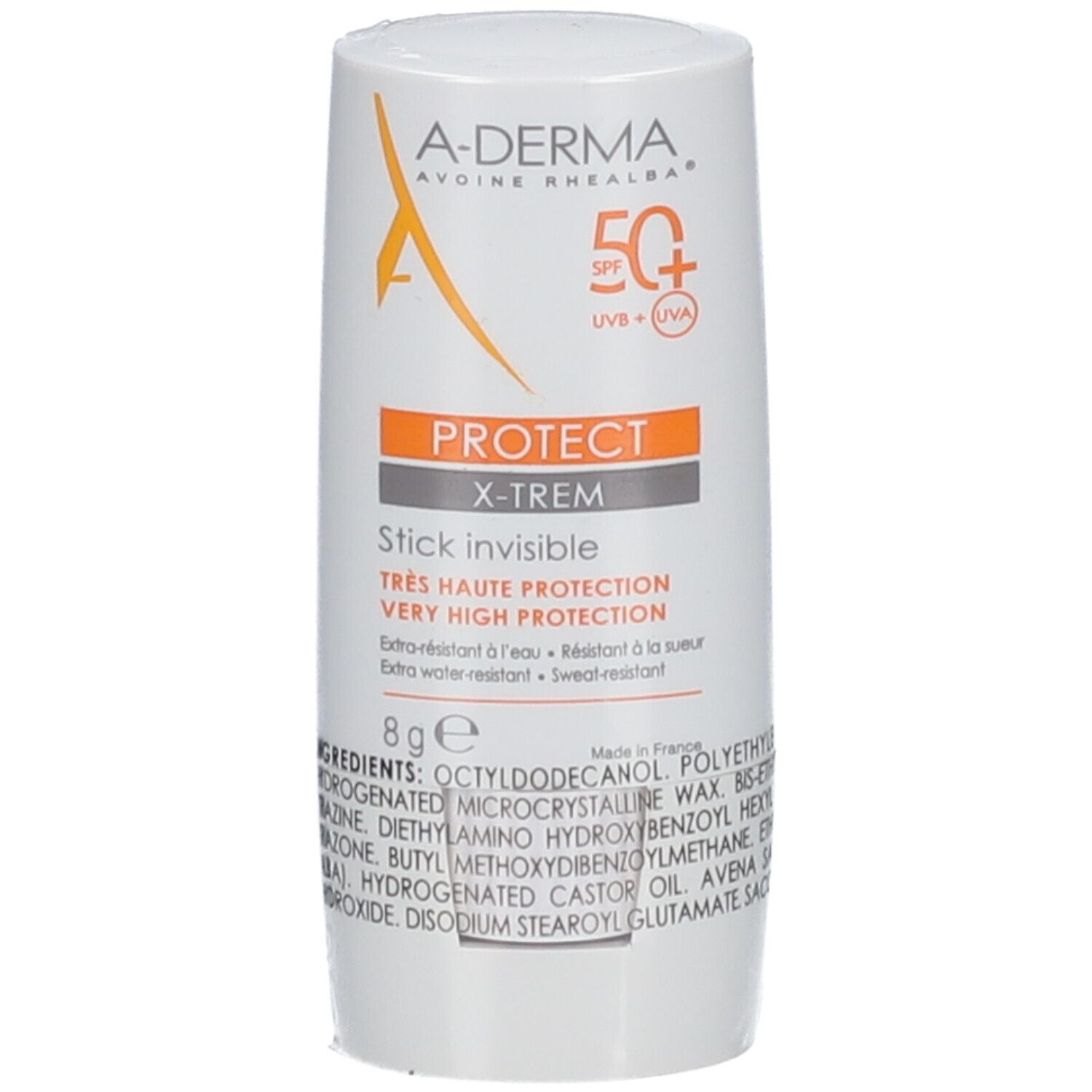 Stick A-DERMA X-TREM INVISIBLE SPF 50. Bâton blanc avec texte orange. Indique SPF 50 et autres informations.