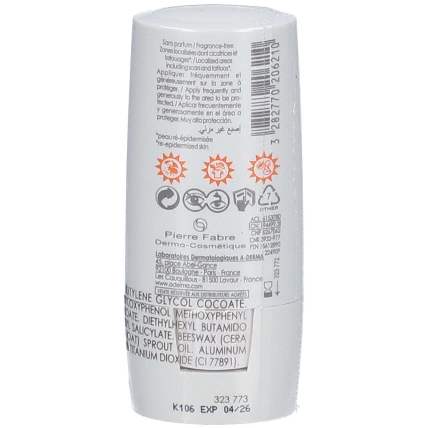 Dos du stick A-DERMA X-TREM INVISIBLE. Contient texte, symboles de protection solaire et informations fabricant.