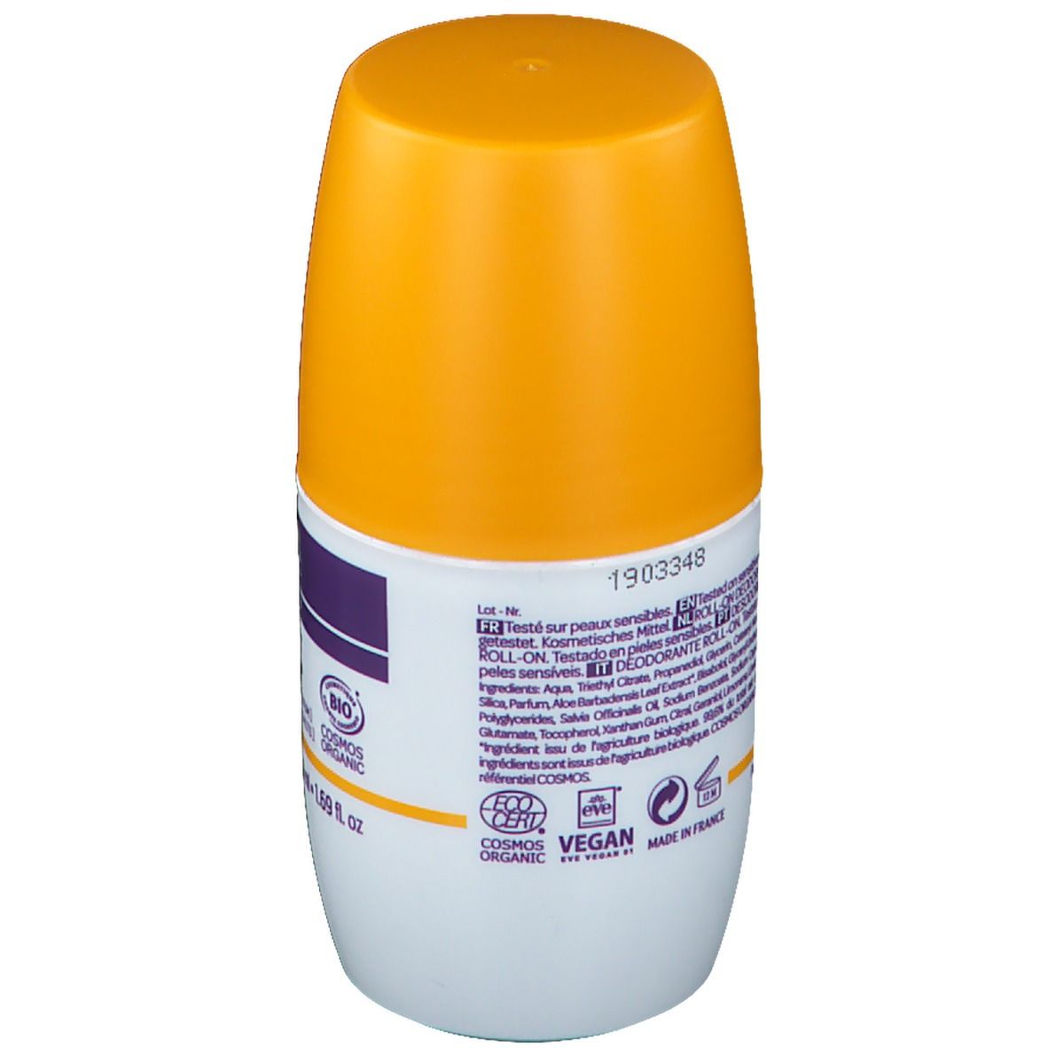 Rückseite des Deo-Roll-ons. Text: Inhaltsstoffe, Chargennummer, Bio-Siegel, Vegan-Siegel, Herkunftsland.