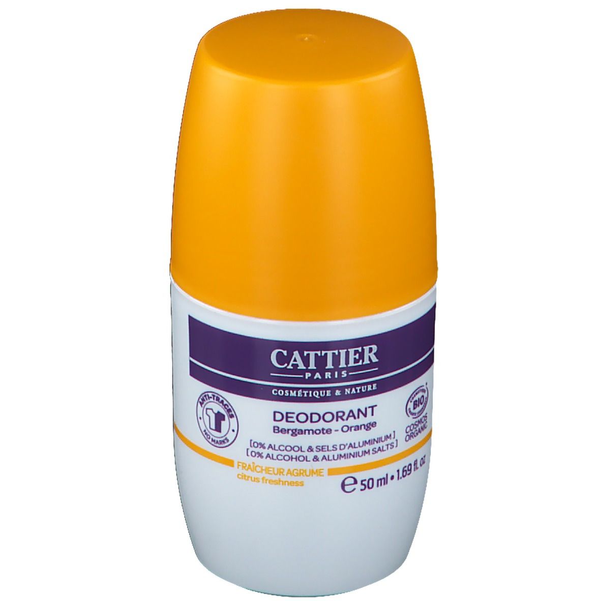 Deo-Roll-on mit gelbem Deckel und weißem Behälter. Aufschrift: CATTIER, Deodorant Bergamotte-Orange, Bio-Siegel.