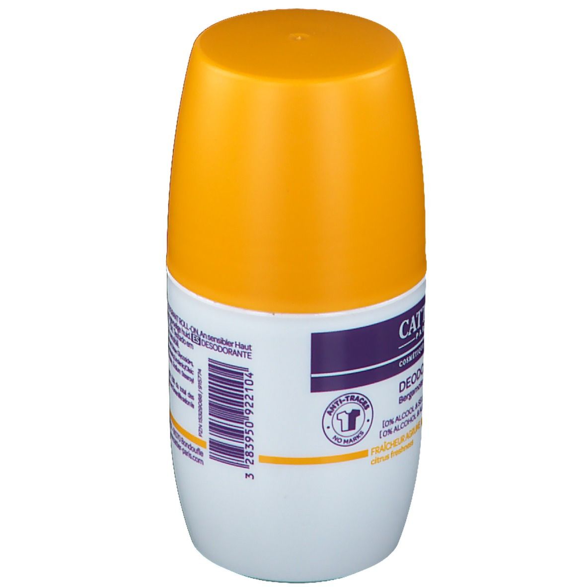 Rückseite des Deo-Roll-ons. Text: Inhaltsstoffe, Chargennummer, Bio-Siegel, Vegan-Siegel, Herkunftsland, Hersteller.
