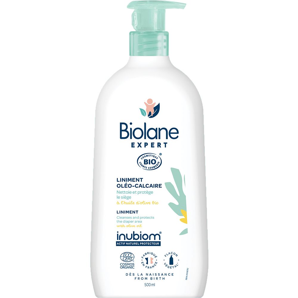 Weiße Flasche mit Pumpe. Biolane Expert, Liniment Oléo-calcaire, Bio-Zertifizierung, ab Geburt.