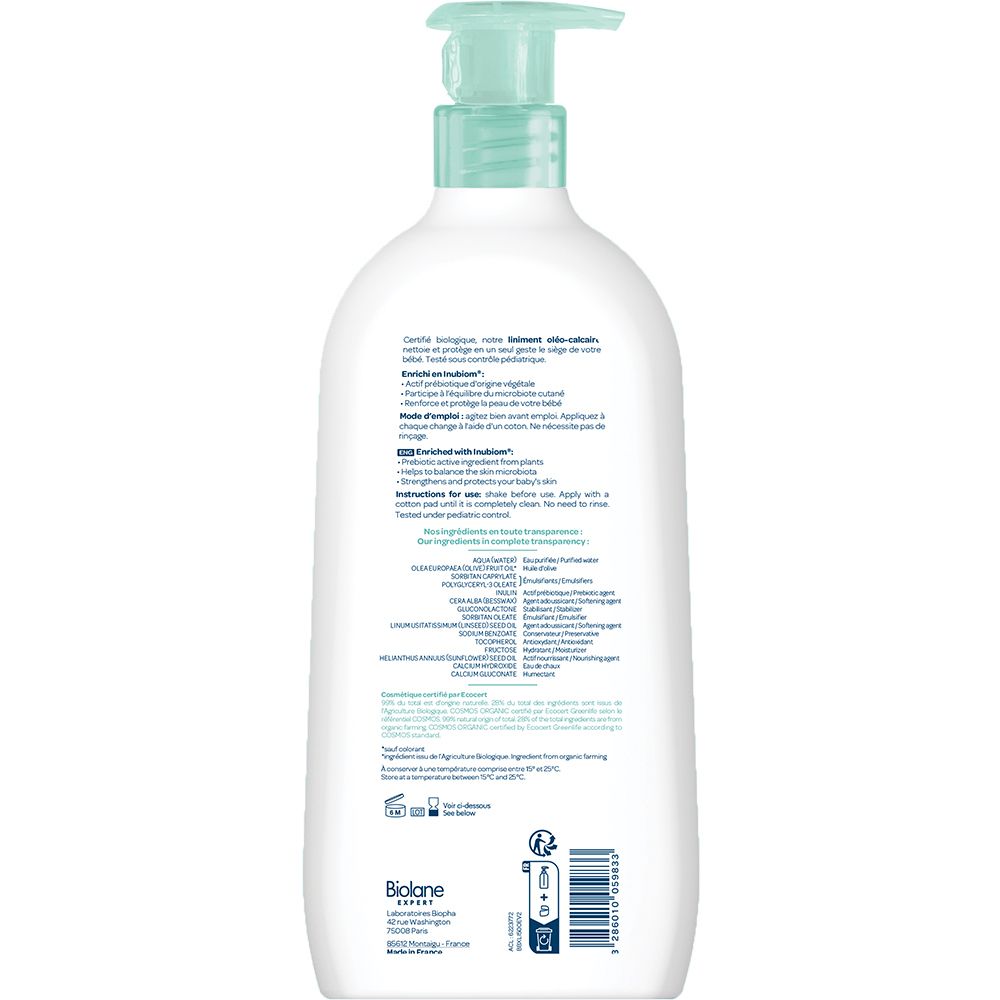 Rückseite der weißen Flasche. Text mit Inhaltsstoffen, Gebrauchsanweisung und Zertifizierungen.
