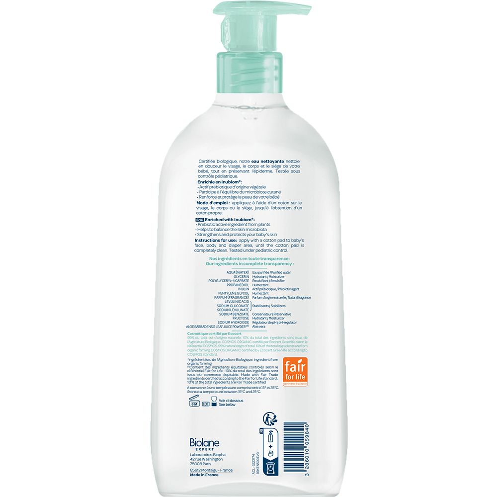 Dos du flacon Biolane Expert Eau Nettoyante. Texte: Ingrédients, mode d'emploi, certification Fair for Life, Flacon végétal.