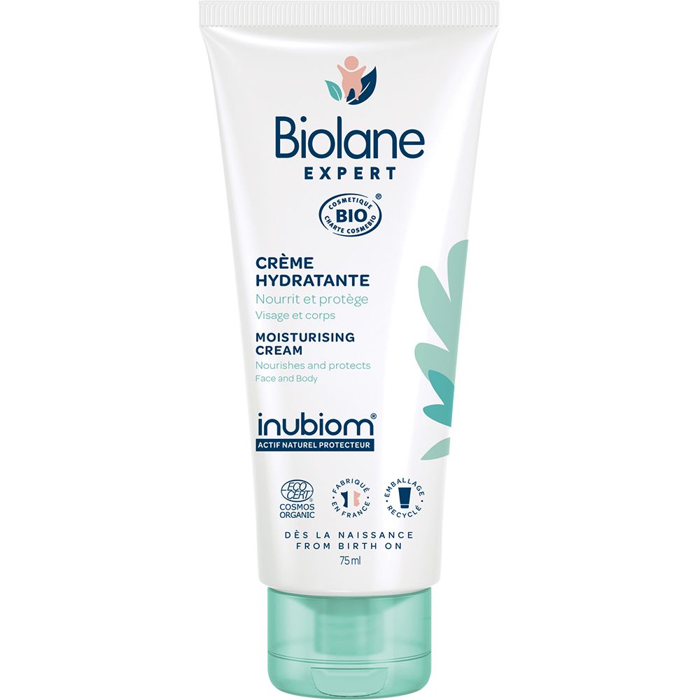 Tube blanche, bouchon vert. Crème Biolane Expert, texte et logo. Certification bio.