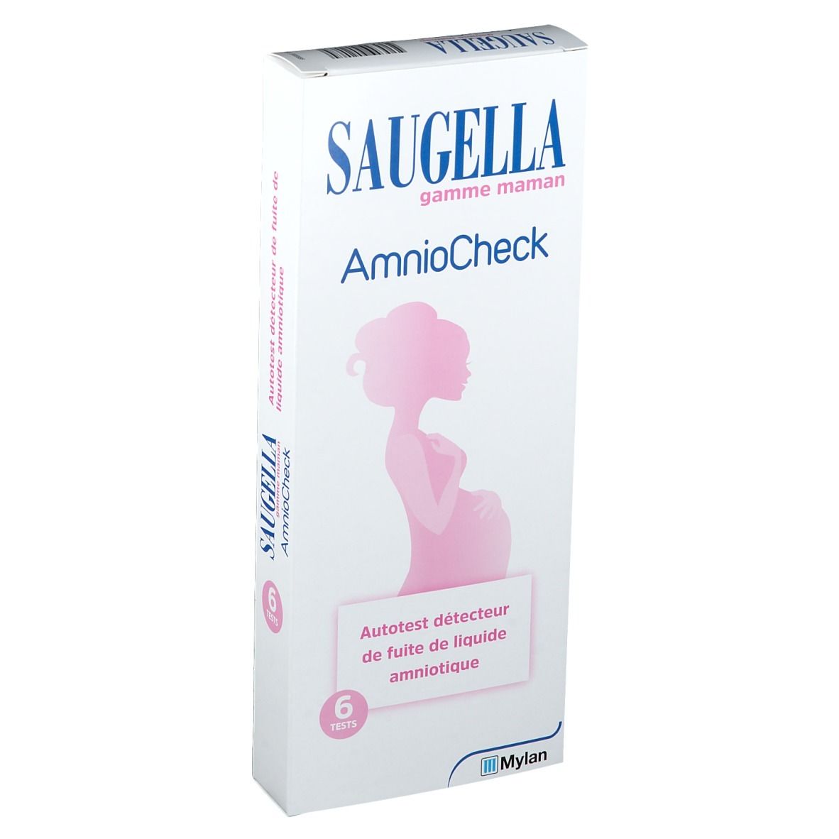 Boîte blanche avec logo et nom du produit. Silhouette d'une femme enceinte. Texte: Autotest détecteur de fuite de liquide amniotique.