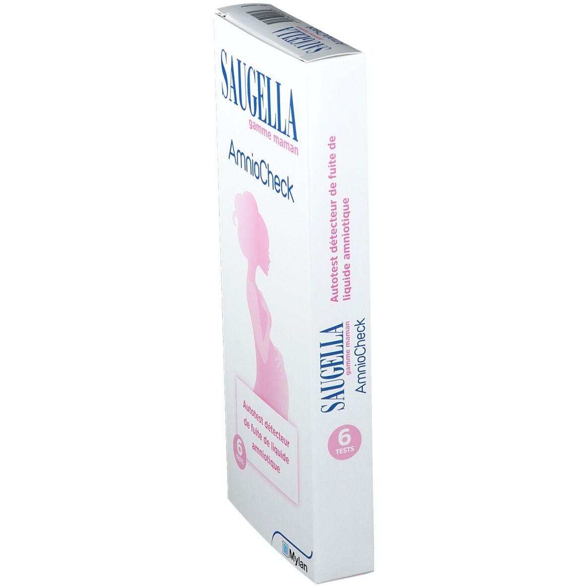 Boîte blanche en biais. Nom et logo du produit visibles. Silhouette d'une femme enceinte. Texte: Autotest détecteur de fuite de liquide amniotique.