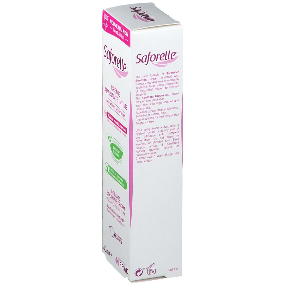 Vue latérale de la boîte de Crème Apaisante Intime Saforelle. Blanche, texte rose. Texte: Crème Apaisante Intime, 40ml. Informations produit.