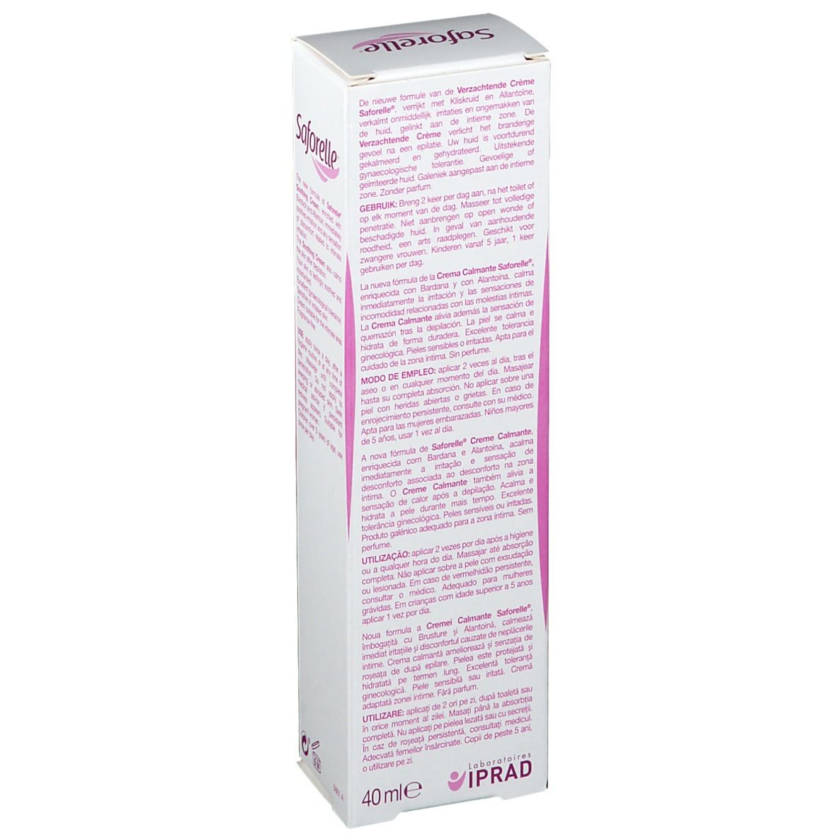 Dos de la boîte de Crème Apaisante Intime Saforelle. Blanc, texte rose. Texte multilingue. 40ml. Informations produit.
