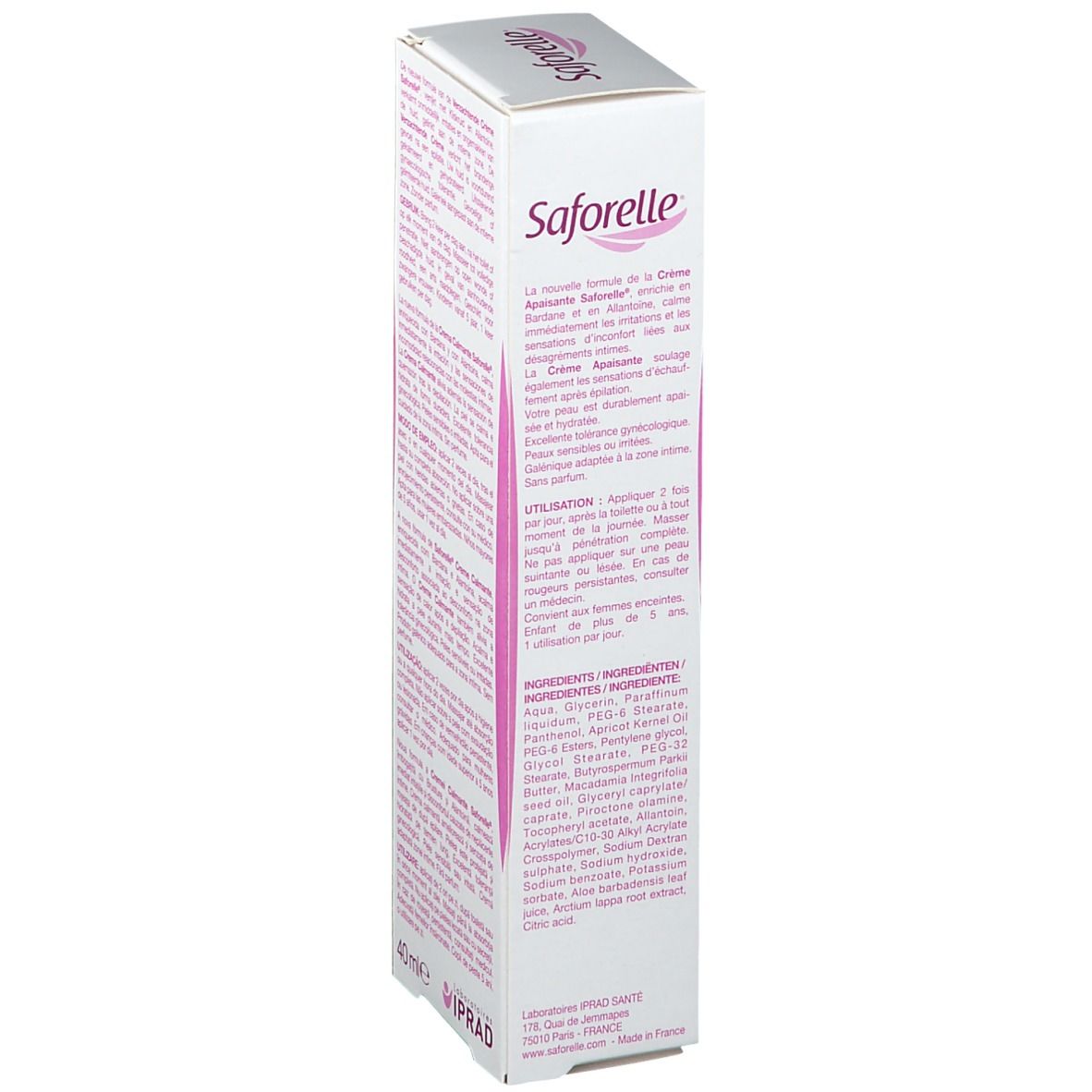 Côté de la boîte de Crème Apaisante Intime Saforelle. Blanc, texte rose. Texte multilingue. 40ml. Ingrédients.