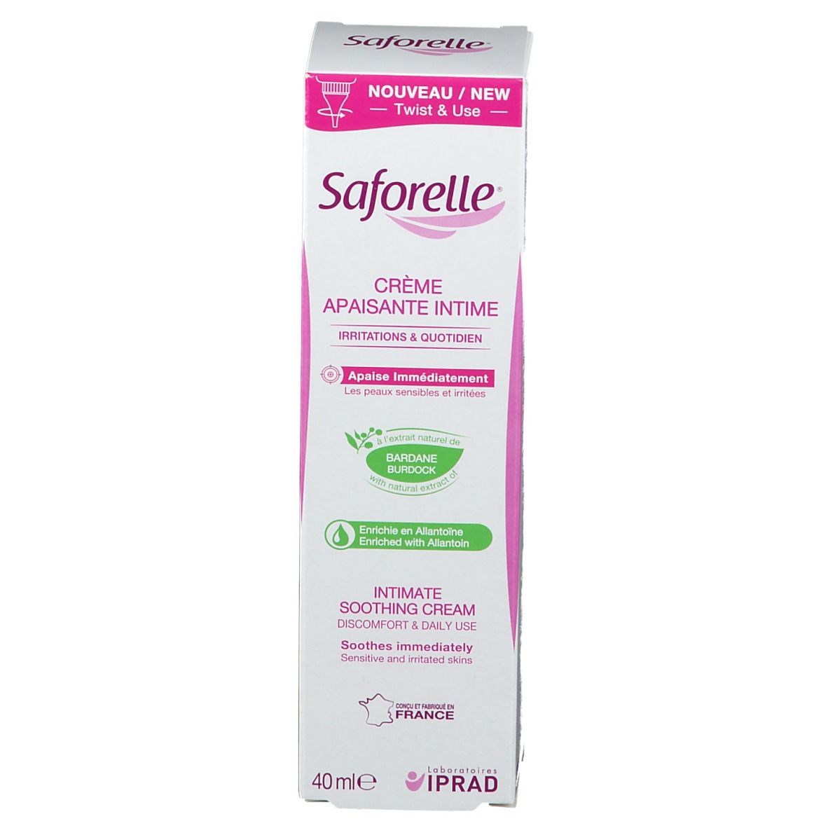 Boîte de Crème Apaisante Intime Saforelle. Blanche, accents roses. Texte: Crème Apaisante Intime, 40ml. Avec Bardane et Allantoïne.