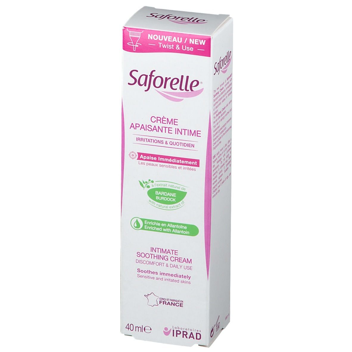 Boîte de Crème Apaisante Intime Saforelle. Blanche, accents roses. Texte: Crème Apaisante Intime, 40ml. Avec Bardane et Allantoïne.