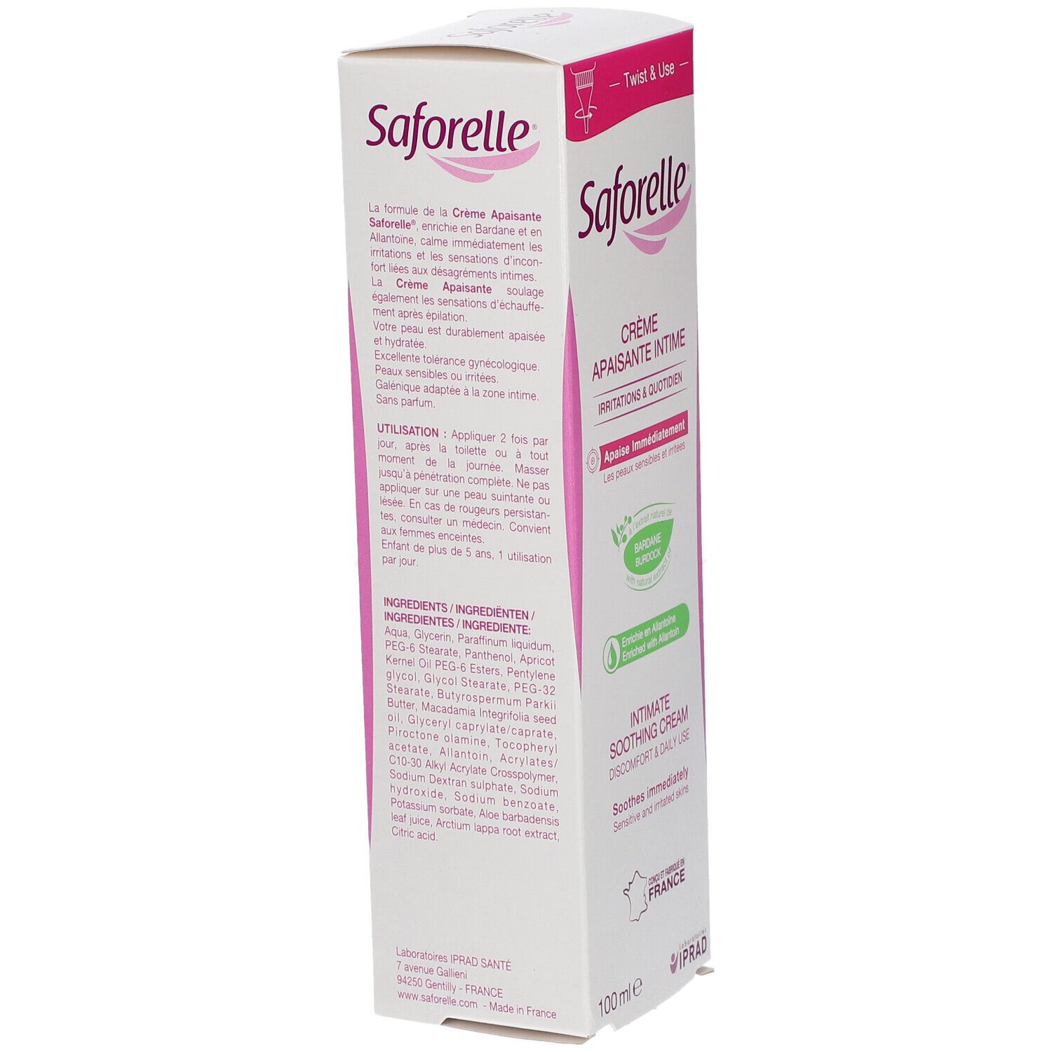 Rückseite der Saforelle Intim-Creme Verpackung. Text in mehreren Sprachen, Inhaltsstoffe und Herstellerinformationen.