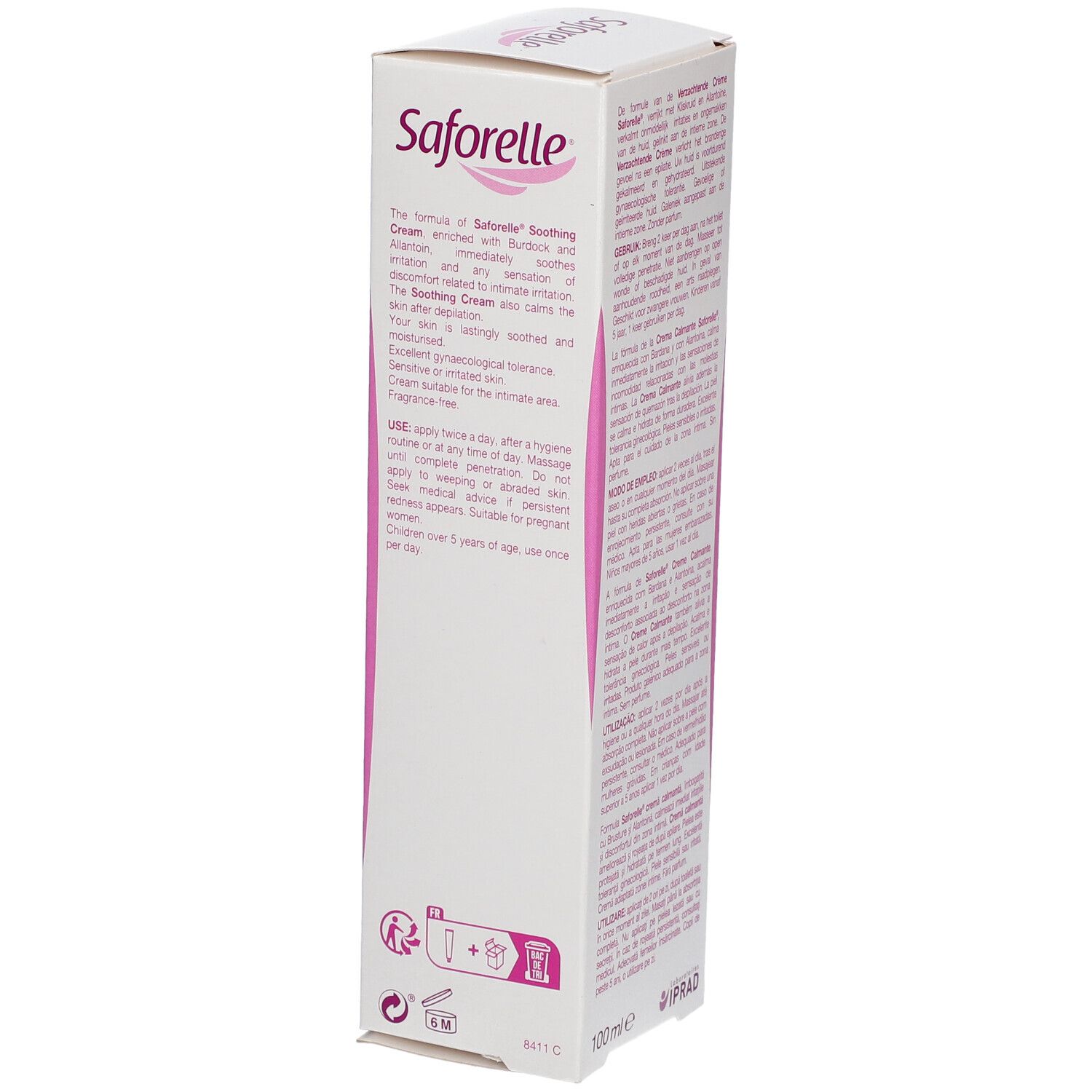 Seitenansicht der Saforelle Intim-Creme Verpackung. Text in mehreren Sprachen, Inhaltsstoffe und Herstellerinformationen.