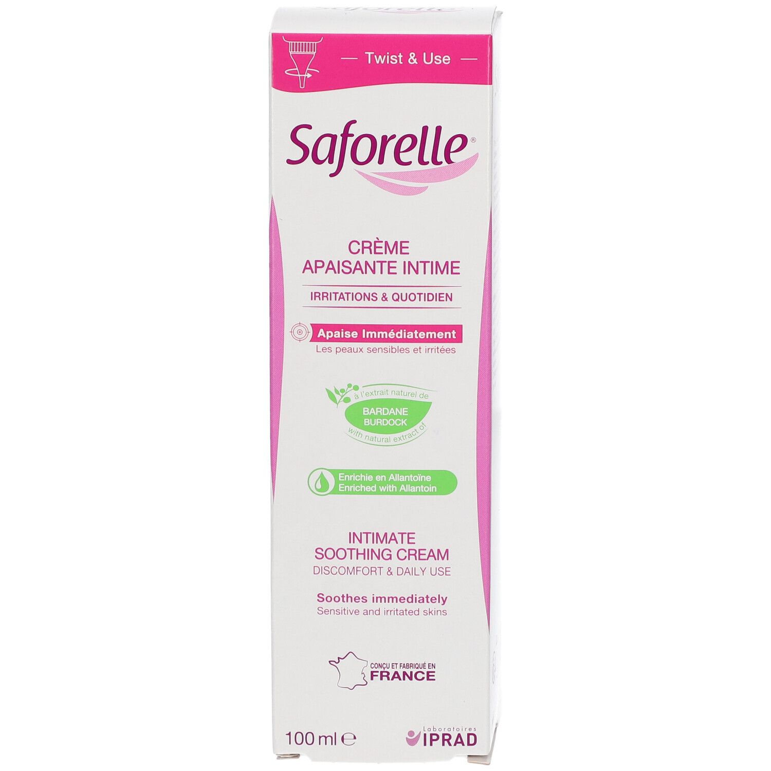 Vorderansicht der Saforelle Intim-Creme Verpackung. Rosa und weiße Schachtel mit Produktinformationen und Logo.