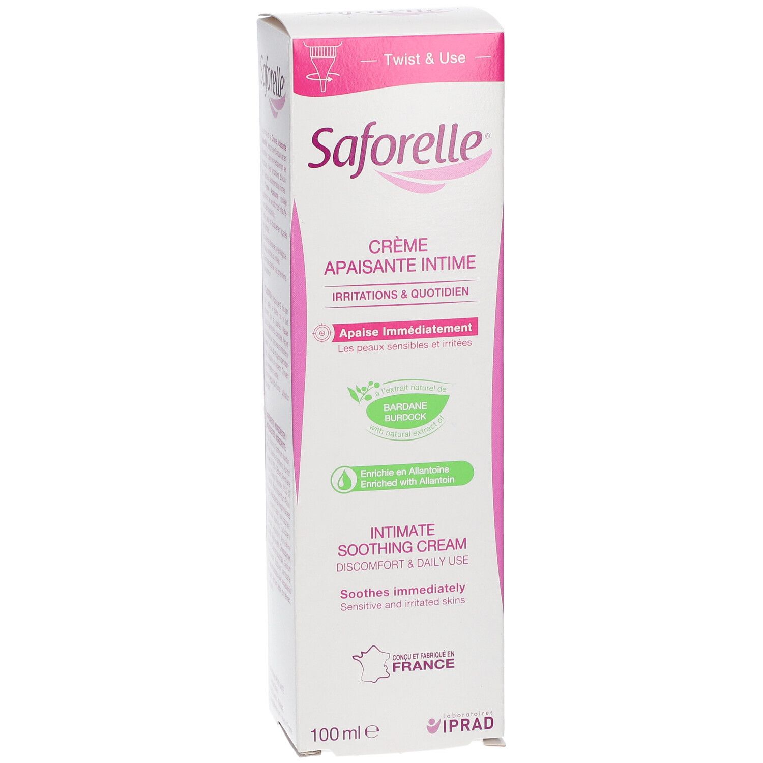 Vorderansicht der Saforelle Intim-Creme Verpackung. Rosa und weiße Schachtel mit Produktinformationen und Logo.