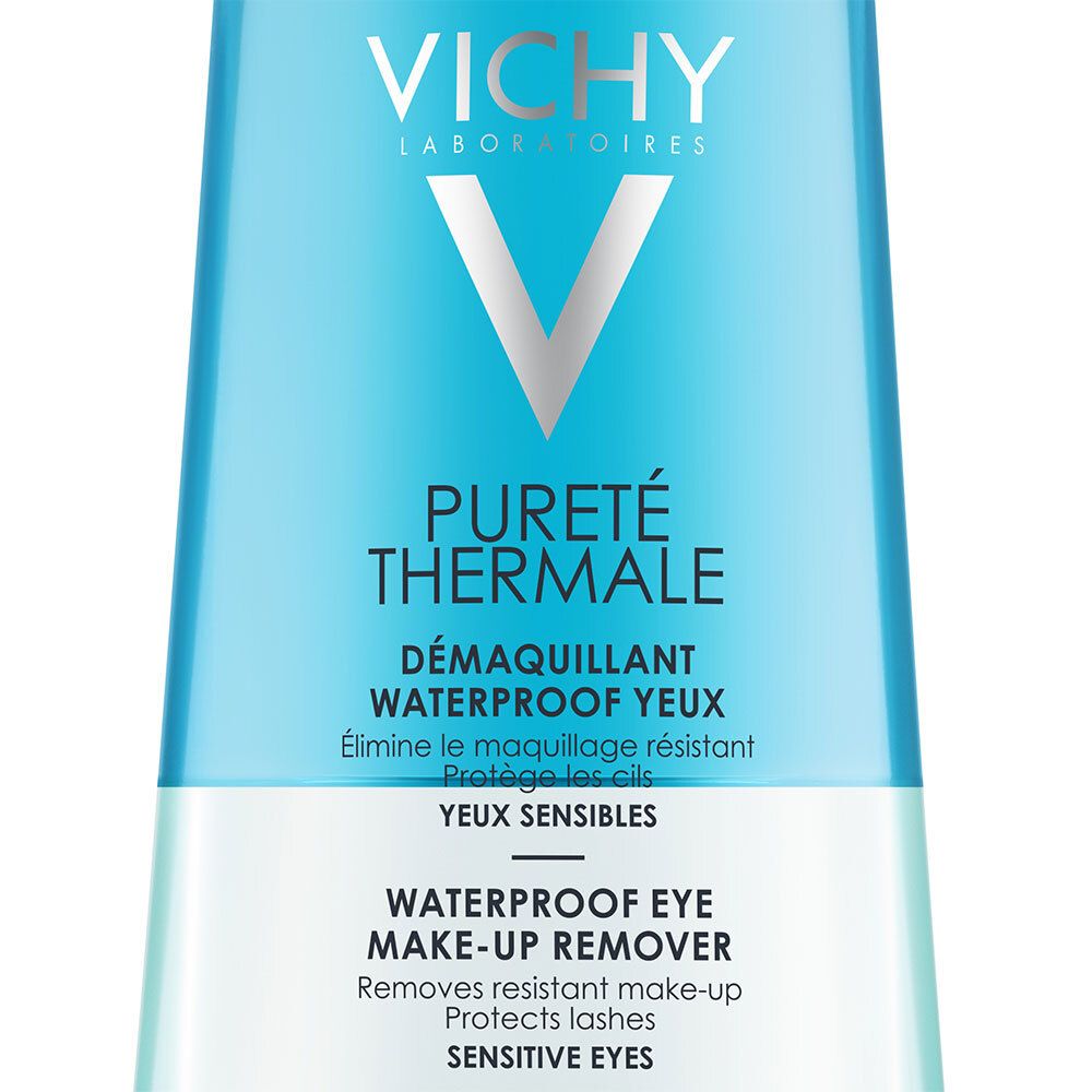 Nahaufnahme des Vichy Pureté Thermale Augen-Make-up-Entferners. Blaue Flasche mit weißer Schrift. Text: Waterproof Make-up Remover.