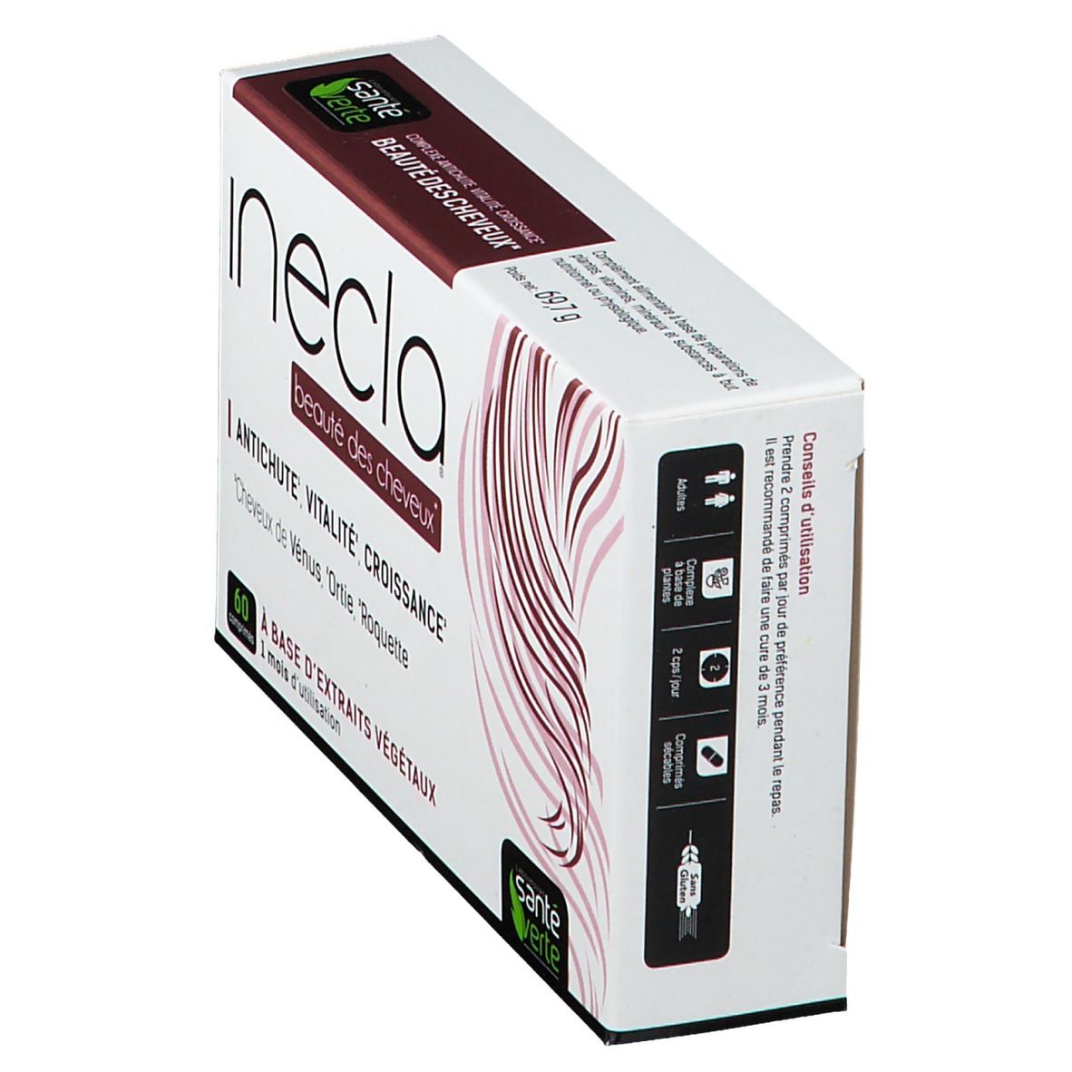Boîte Santé Verte Inecla® Beauté des Cheveux. Blanche et bordeaux. Inscription : Inecla, Beauté des Cheveux, 60 comprimés.