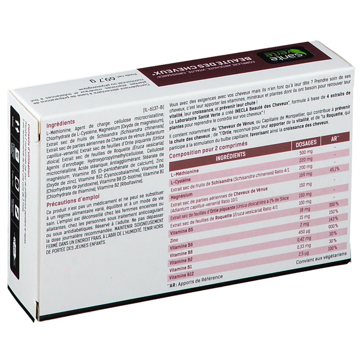 Dos de la boîte Santé Verte Inecla® Beauté des Cheveux. Liste des ingrédients et informations nutritionnelles. Texte en français.