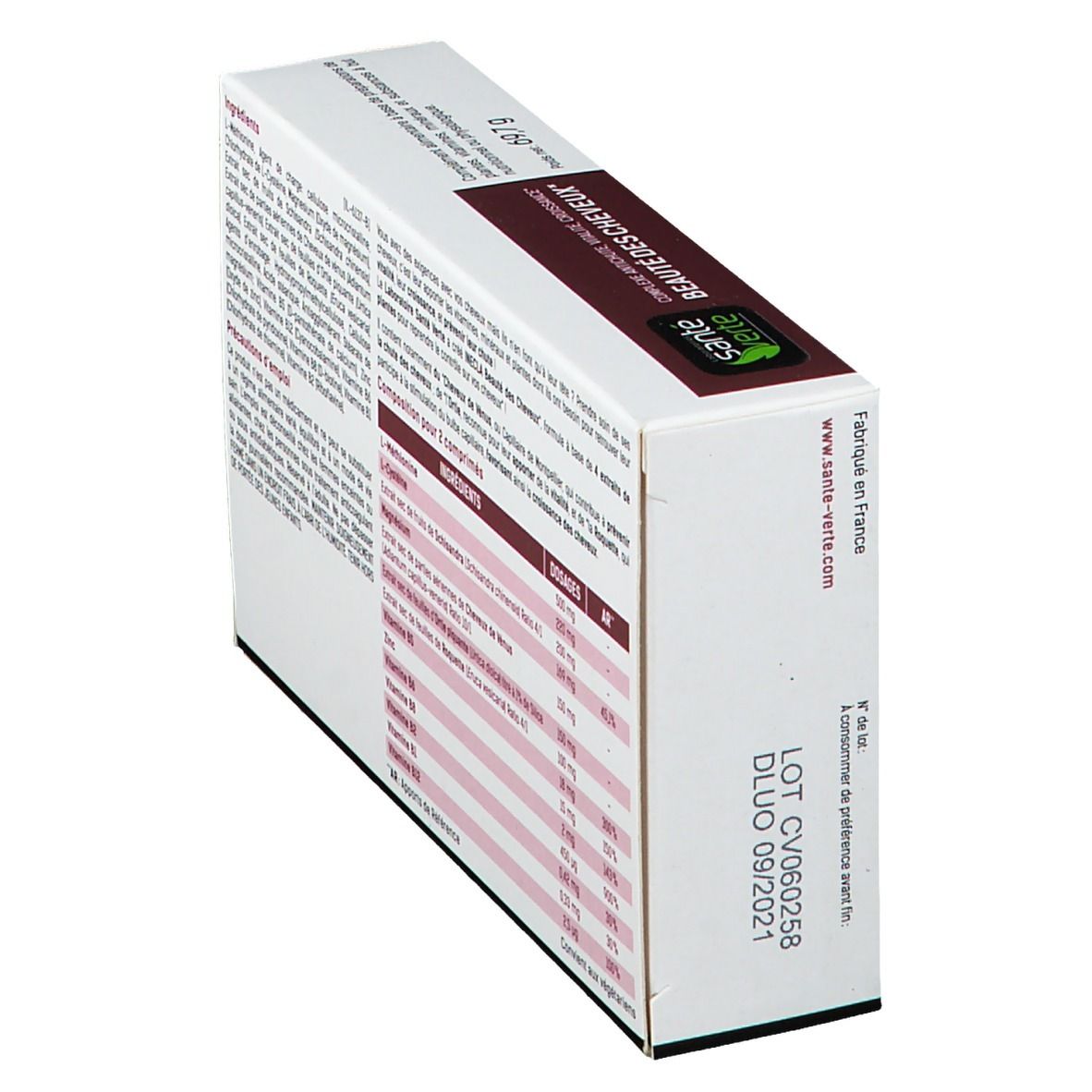 Boîte Santé Verte Inecla® Beauté des Cheveux. Liste des ingrédients et informations nutritionnelles. Texte en français.