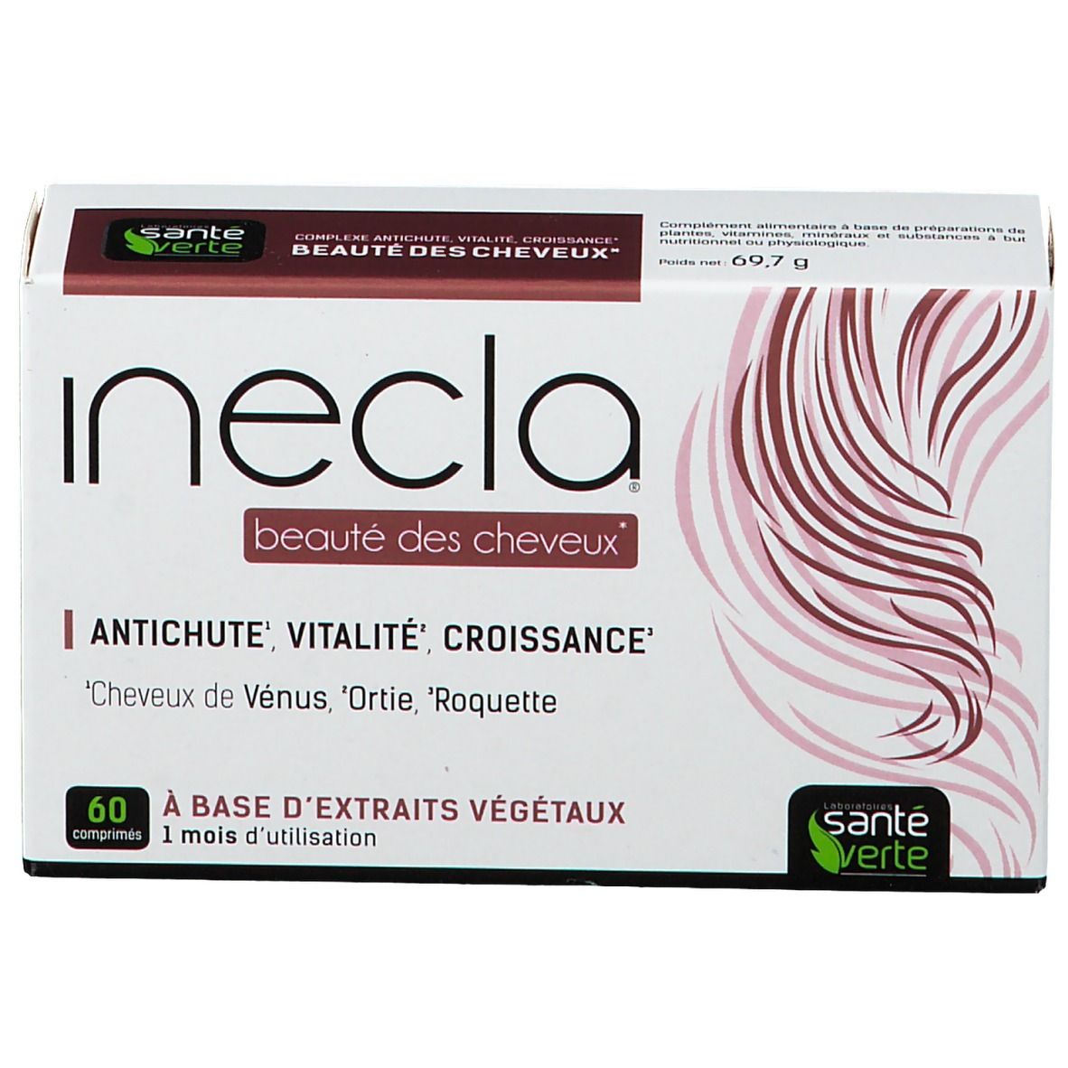 Boîte Santé Verte Inecla® Beauté des Cheveux. Blanche et bordeaux. Inscription : Inecla, Beauté des Cheveux, 60 comprimés.