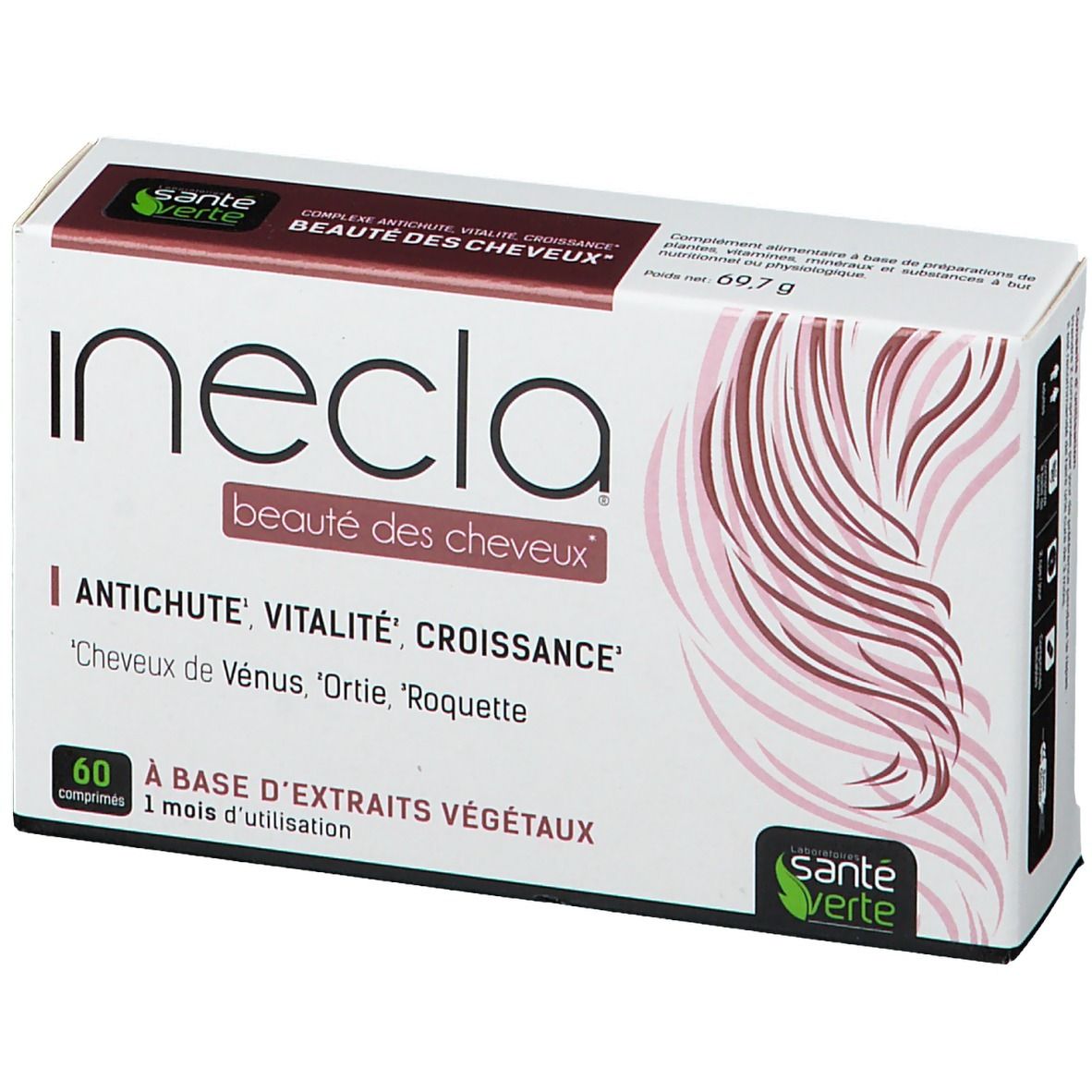 Boîte Santé Verte Inecla® Beauté des Cheveux. Blanche et bordeaux. Inscription : Inecla, Beauté des Cheveux, 60 comprimés.