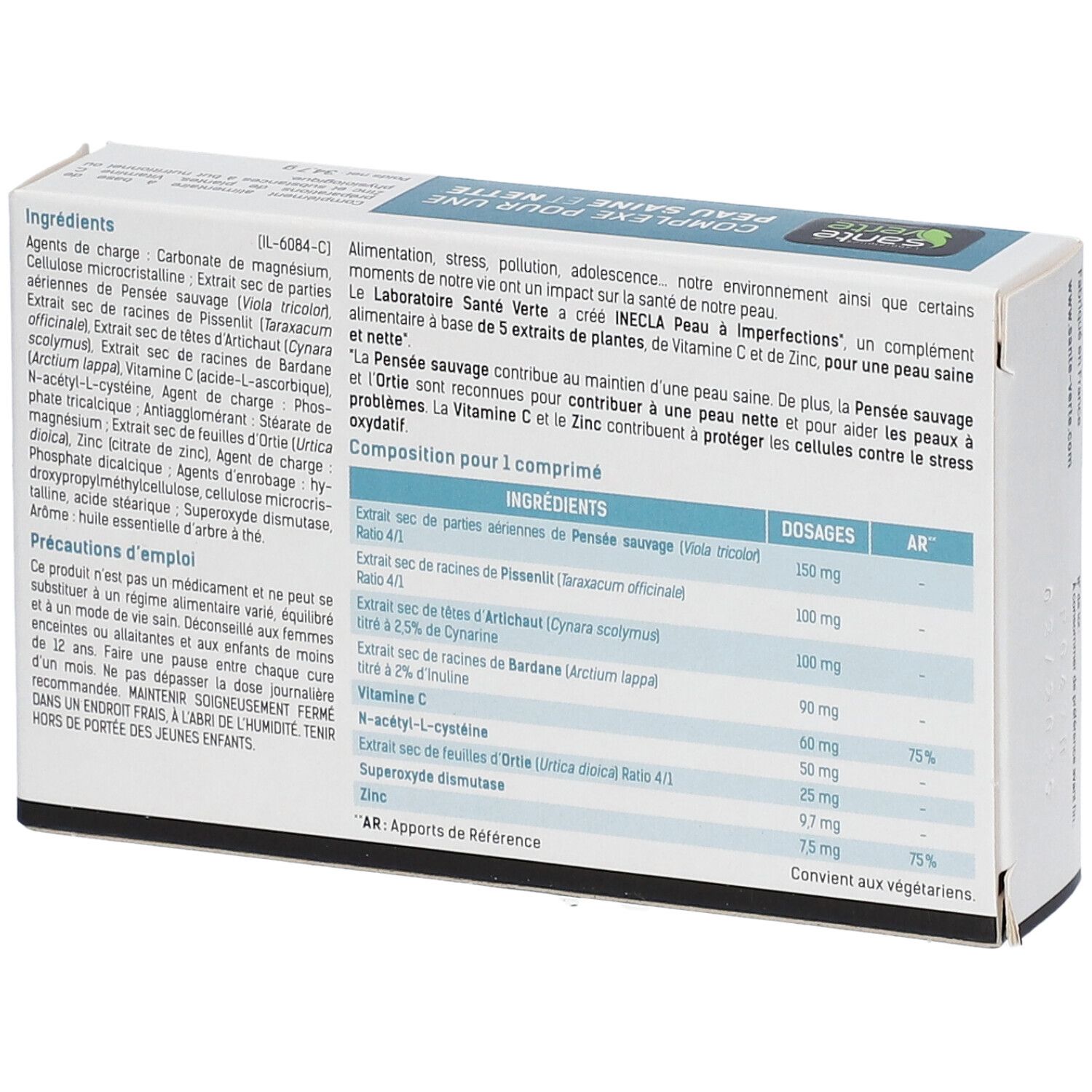 Dos de la boîte 'Inecla'. Ingrédients et dosages. Texte: 'Pour une peau saine et nette'. Marque: Santé Verte.