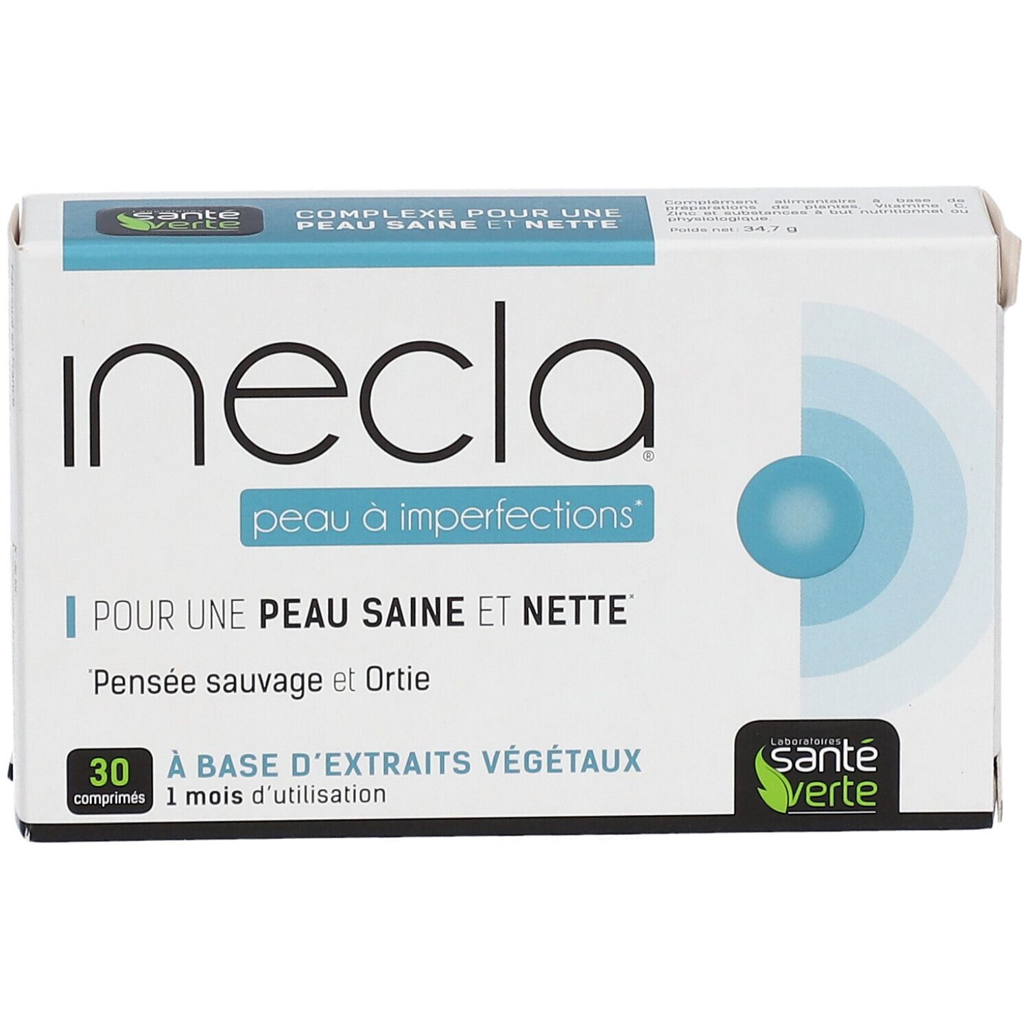 Boîte 'Inecla Peau à imperfections'. Texte: 'Pour une peau saine et nette'. 30 comprimés. Marque: Santé Verte.