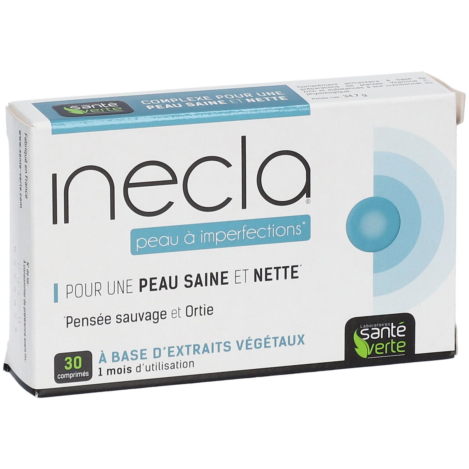 Boîte 'Inecla Peau à imperfections'. Texte: 'Pour une peau saine et nette'. 30 comprimés. Marque: Santé Verte.