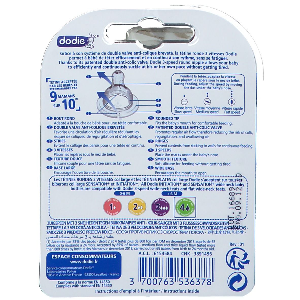 Achterkant van de Dodie® verpakking. Tekst: Tétine Ronde 3 Vitesses, Anti-Colique. Informatie en instructies.