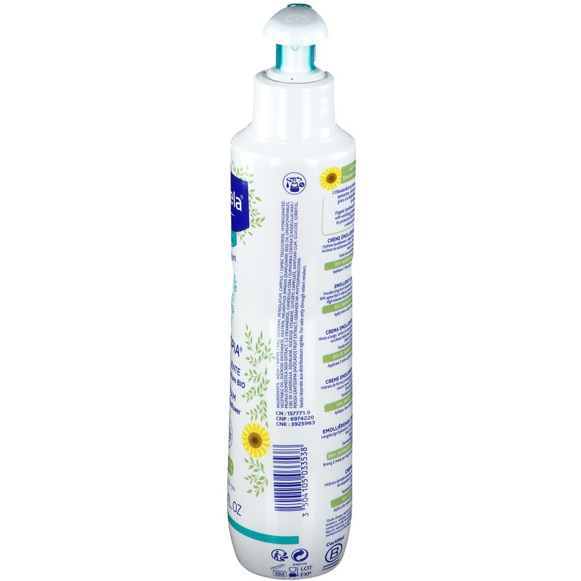 Weiße Flasche mit Pumpe. Aufschrift: Creme, Sonnenblume, grüne Blätter. Text in mehreren Sprachen.