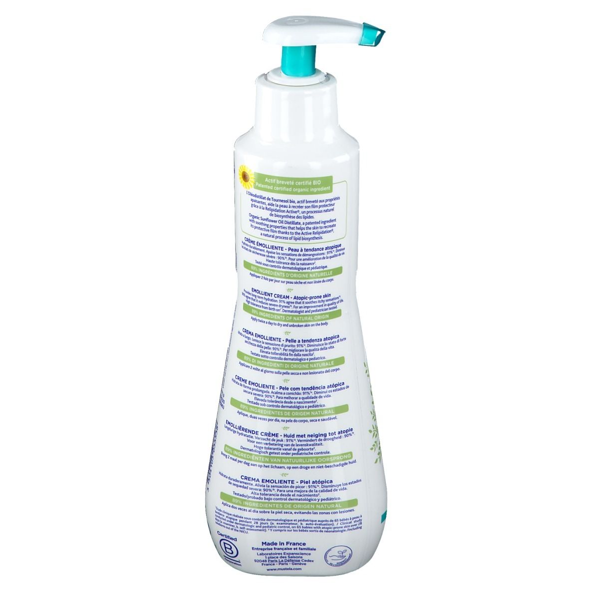 Weiße Flasche mit Pumpe. Aufschrift: Creme, Sonnenblume, grüne Blätter. Text in mehreren Sprachen.