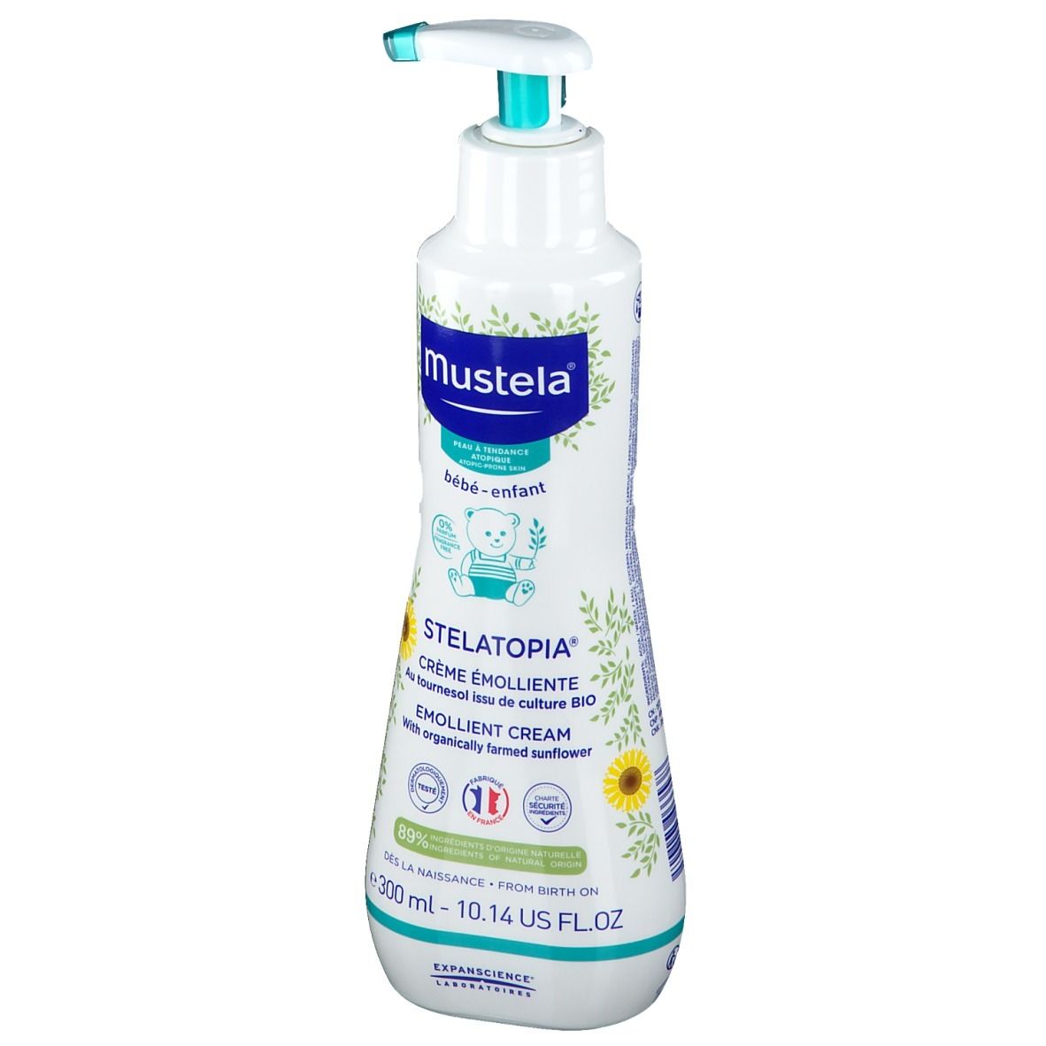 Weiße Flasche mit Pumpe. Aufschrift: Mustela, STELATOPIA, Creme, Sonnenblume, Baby. 300 ml.