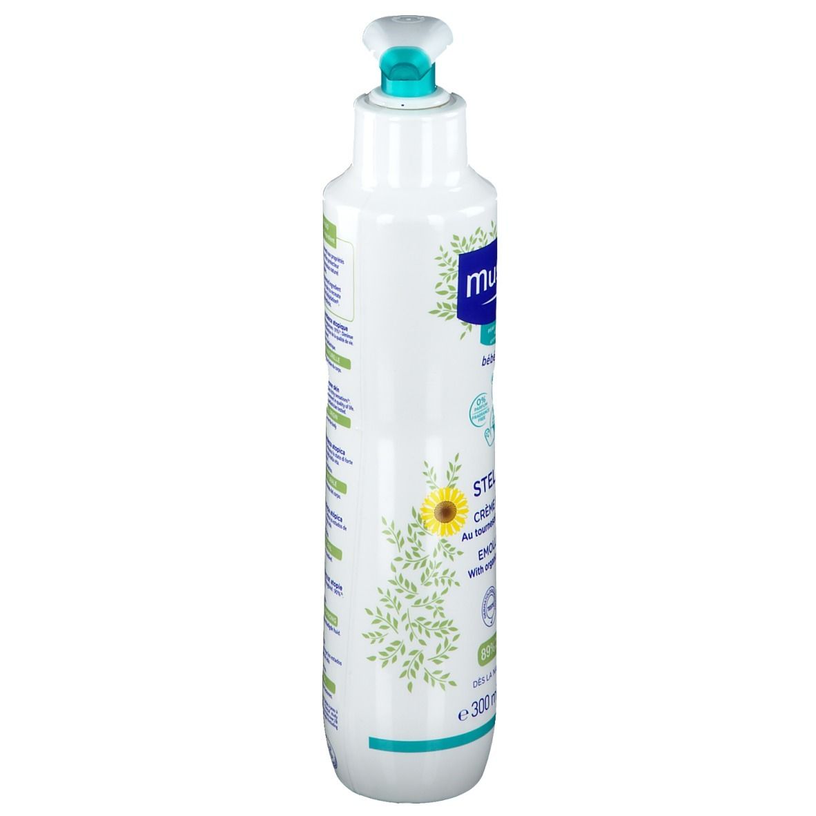 Weiße Flasche mit Pumpe. Aufschrift: Mustela, STELATOPIA, Creme, Sonnenblume, Baby. 300 ml.