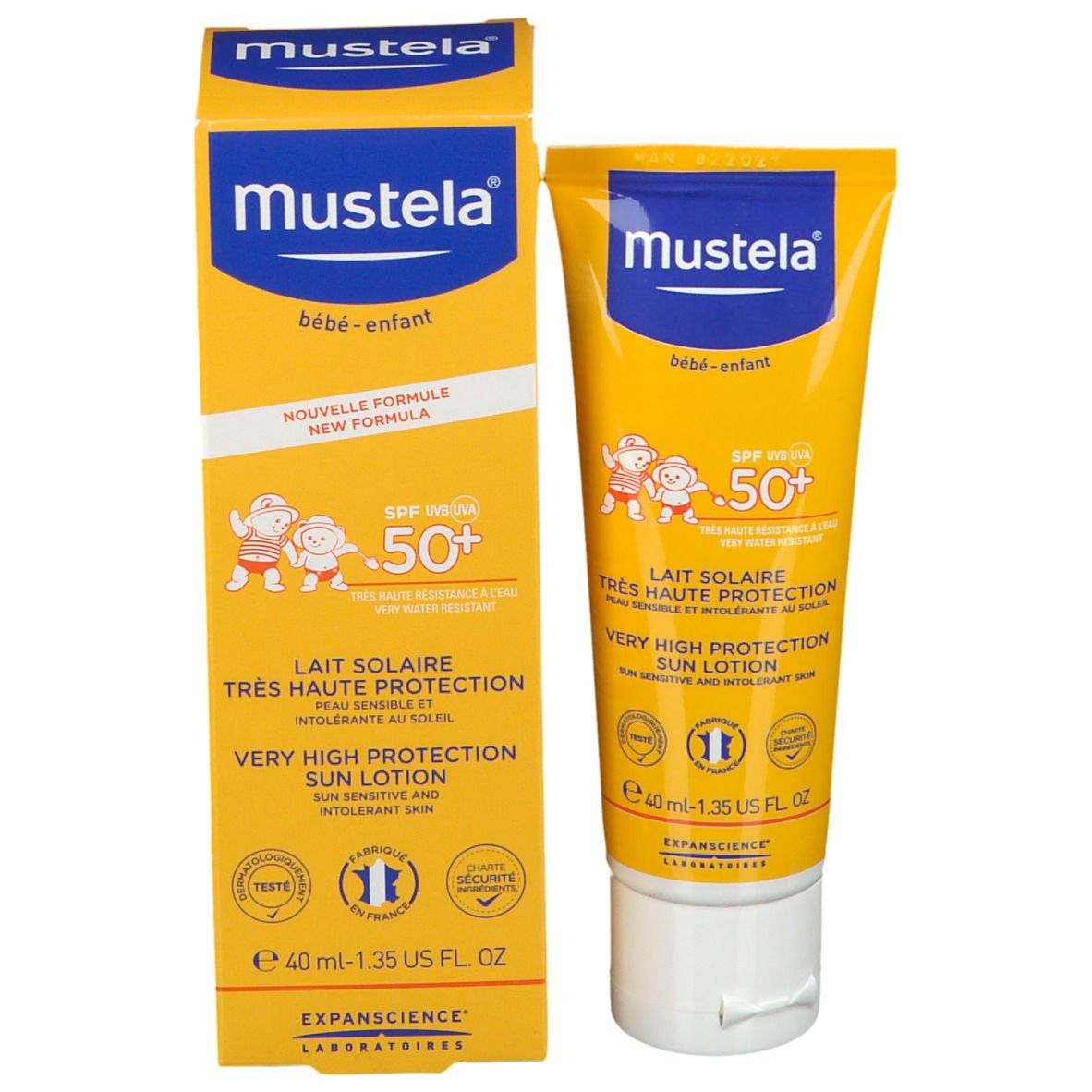 Mustela crème solaire et emballage. Jaune et bleu. SPF 50+. Pour bébés et enfants. Nouvelle formule. 40 ml.