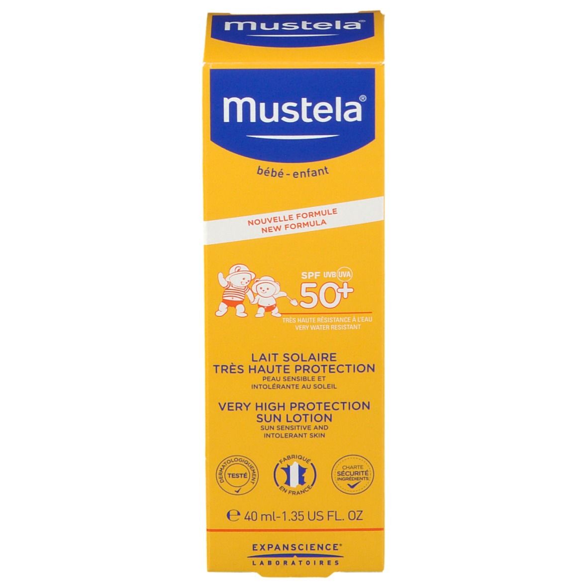 Emballage de crème solaire. Jaune et bleu. Mustela. SPF 50+. Pour bébés et enfants. Nouvelle formule.