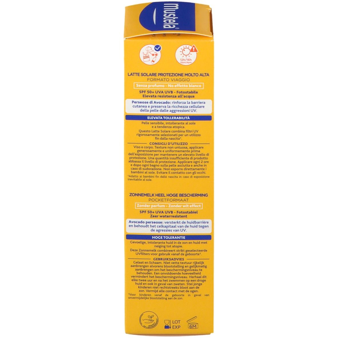 Emballage de crème solaire. Jaune. Mustela. SPF 50+. Format de poche. Texte multilingue.
