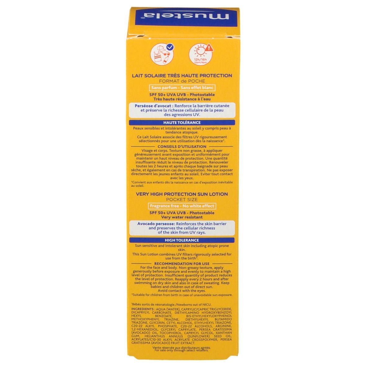 Dos de l'emballage de crème solaire. Jaune. Mustela. SPF 50+. Format de poche. Texte multilingue.