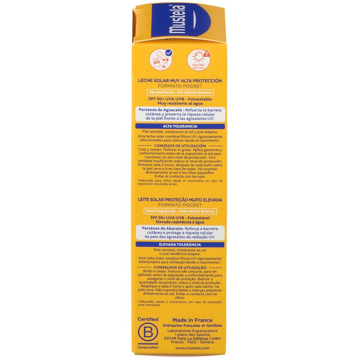 Dos de l'emballage de crème solaire. Jaune. Mustela. SPF 50+. Format de poche. Texte multilingue.
