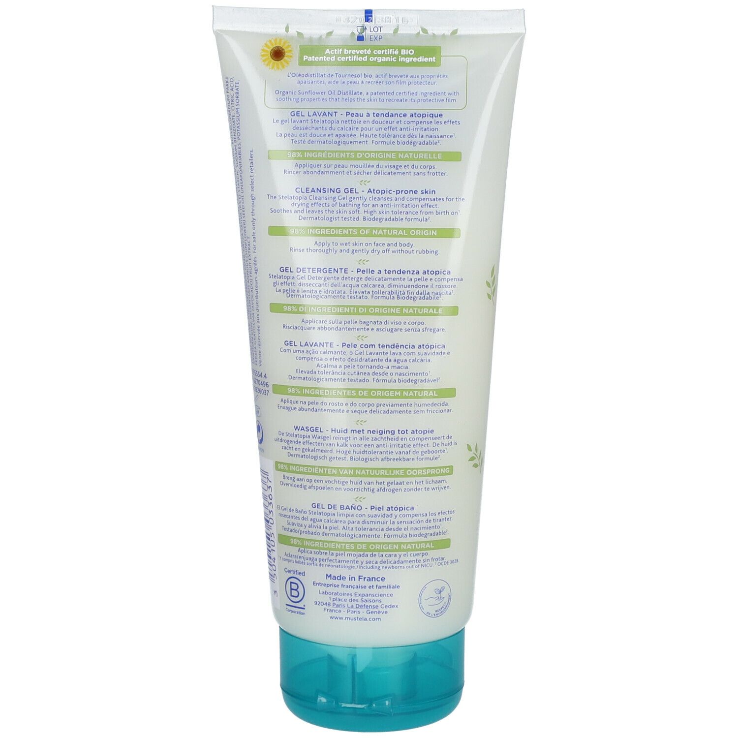 Creme-Tube, Rückseite. Text in mehreren Sprachen. Grüner Deckel. Sonnenblumen-Logo. Zertifizierungszeichen.