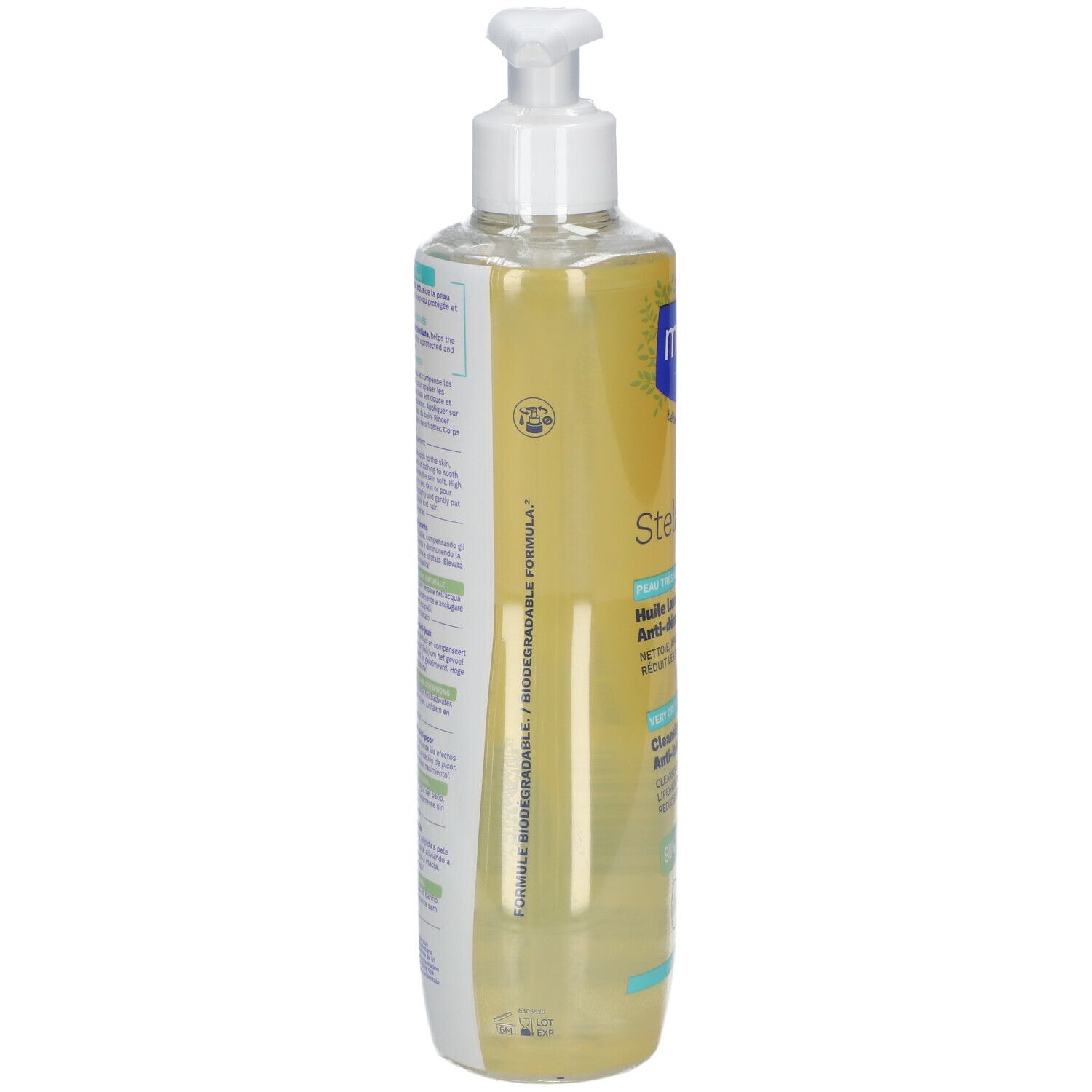 Flacon Mustela Stelatopia, vue latérale. Texte : Formule biodégradable. Ingrédients. Code QR. Flacon en plastique transparent.