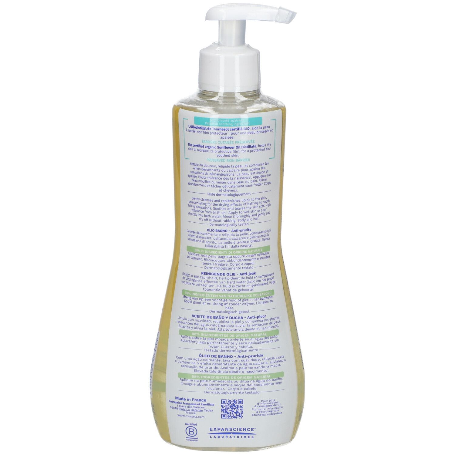 Flacon Mustela Stelatopia, vue arrière. Texte : Huile de tournesol. Ingrédients. Code QR. Fabriqué en France. Flacon en plastique.