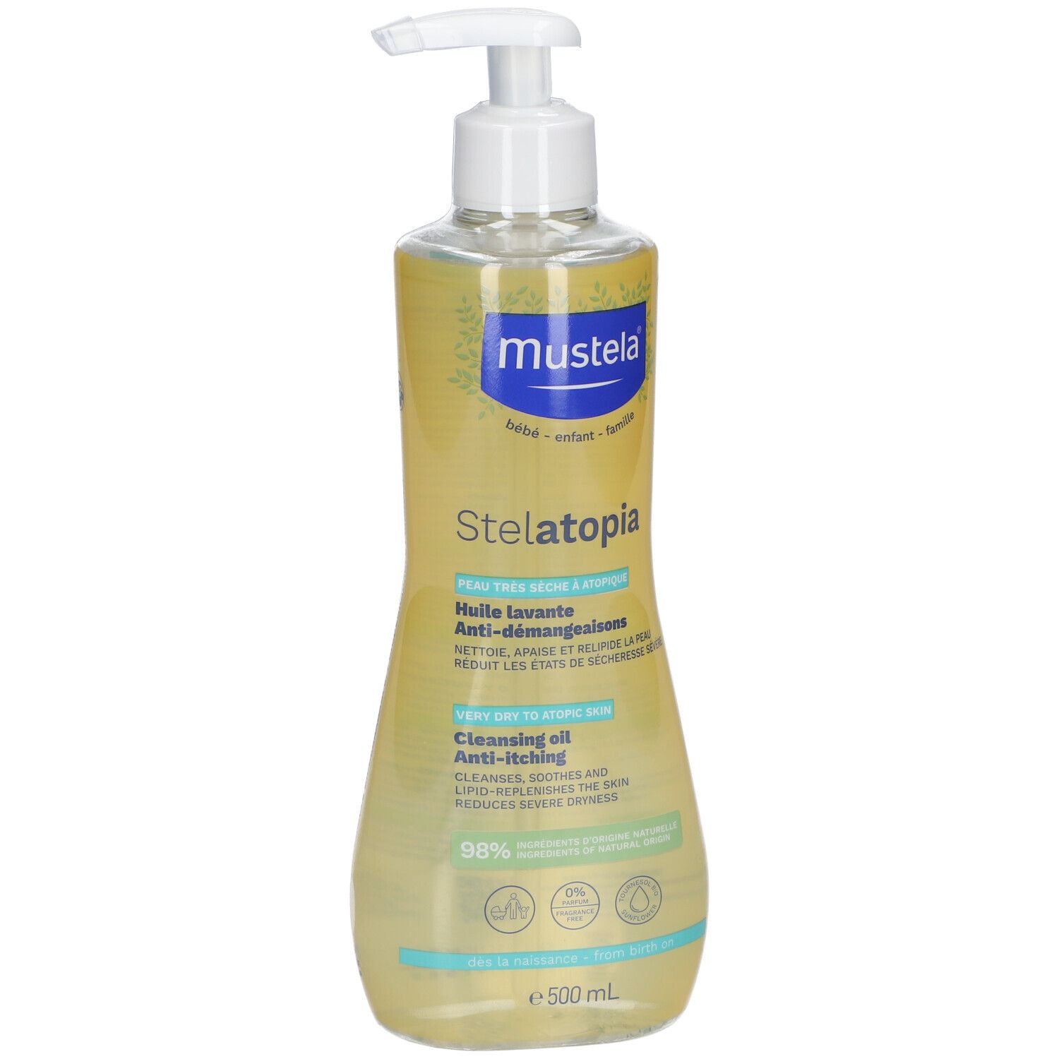 Flacon Mustela Stelatopia avec pompe. Liquide jaunâtre. Inscription : Anti-démangeaisons, pour peaux très sèches. 500 ml.