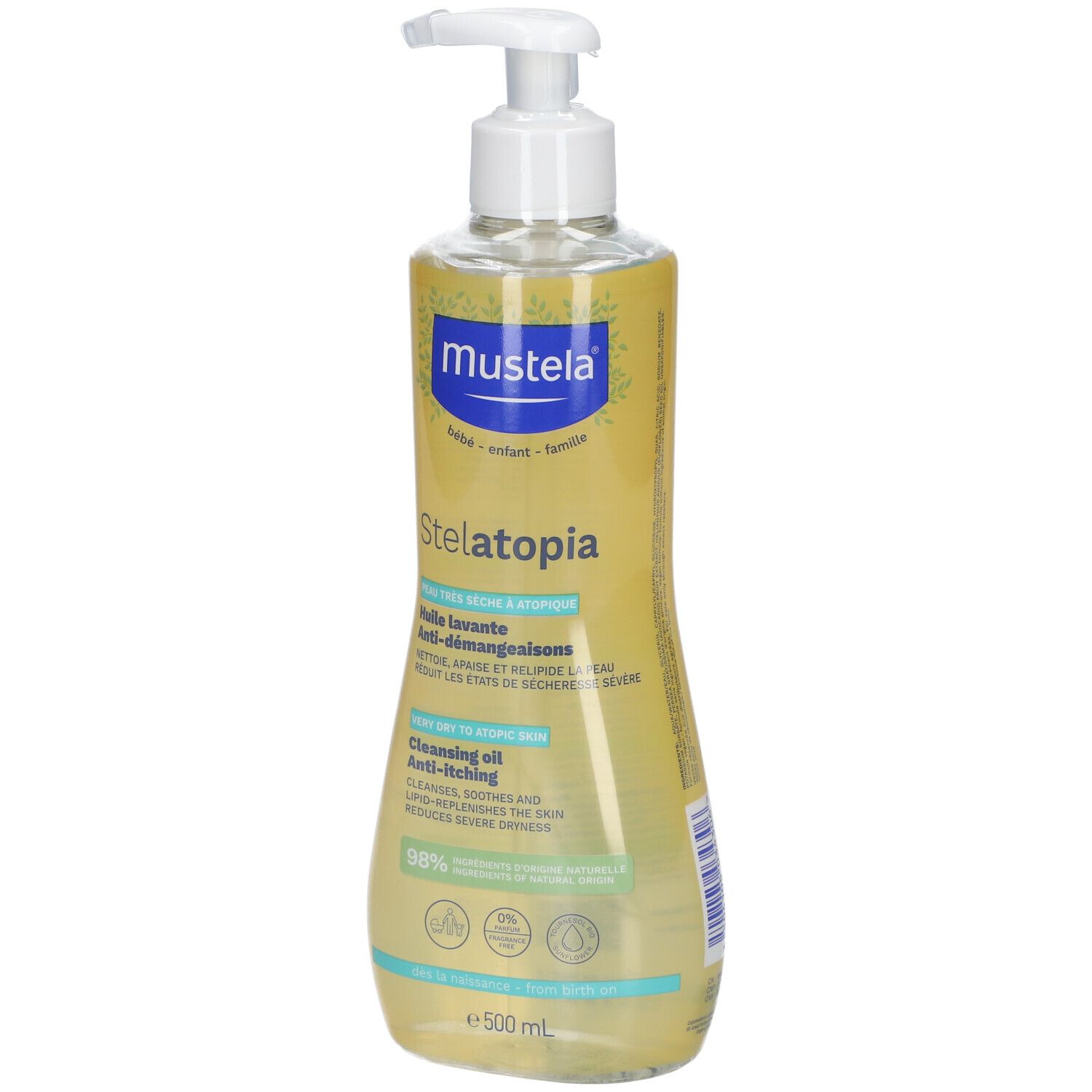 Flacon Mustela Stelatopia avec pompe. Liquide jaunâtre. Inscription : Anti-démangeaisons, pour peaux très sèches. 500 ml.